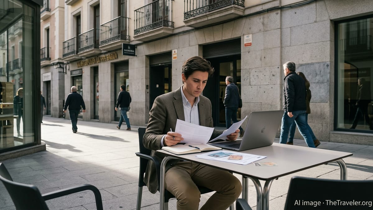 Self-employed professional working at an outdoor café in a Spanish city business district.