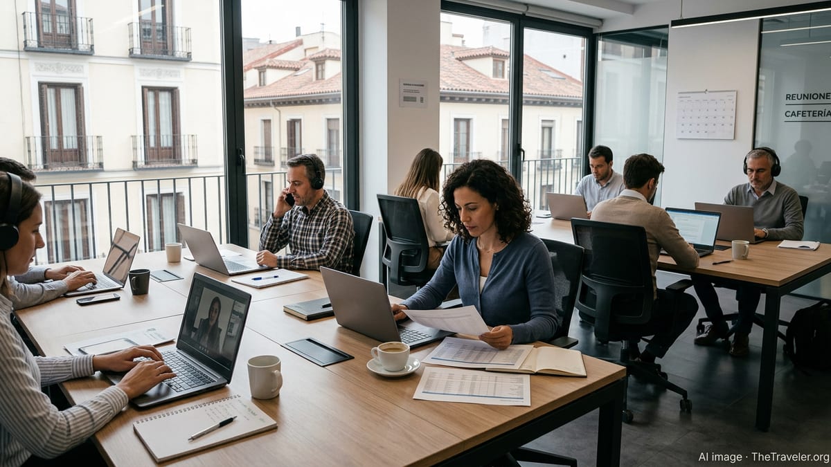 Remote workers using laptops in a bright Madrid coworking space with city views.
