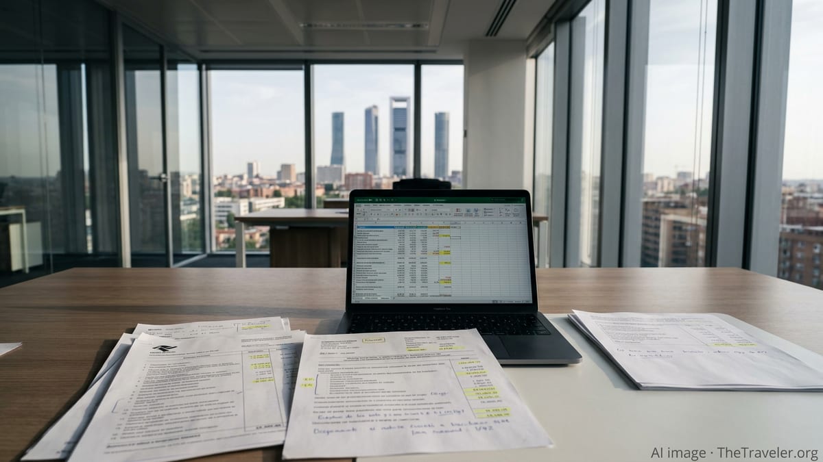 Desk with Spanish tax documents overlooking Madrid financial district skyline at dusk.