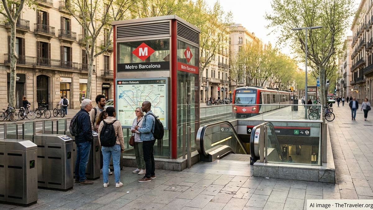 Travelers using a metro entrance in central Barcelona with city buildings in the background.