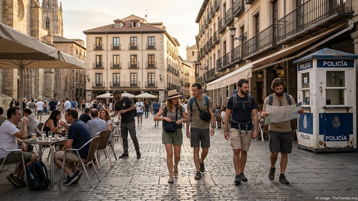 Travelers walking through a Spanish city plaza at sunset, keeping bags secure near a police kiosk.