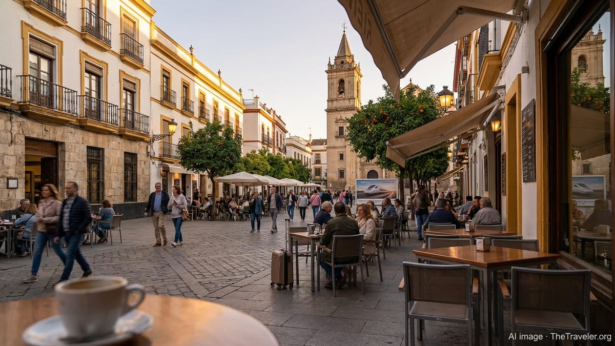 Early evening travellers in a Spanish plaza in Seville, seen from a café terrace with warm light and historic buildings.
