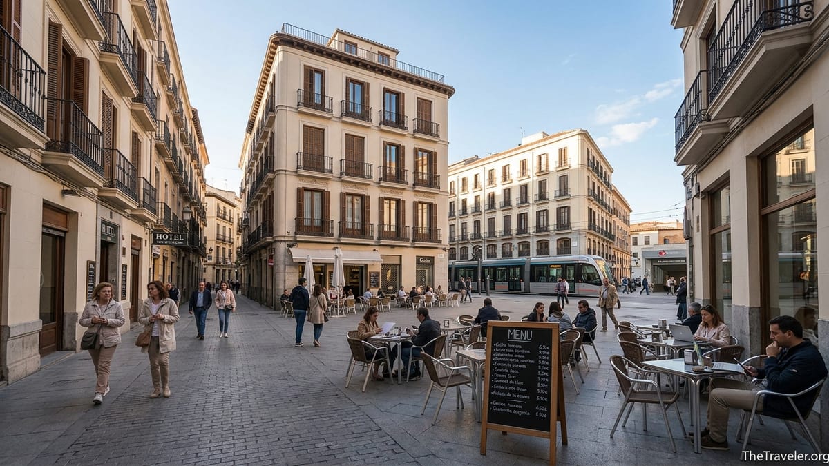 Spanish city square with outdoor cafés, hotel sign and tram on a sunny afternoon.
