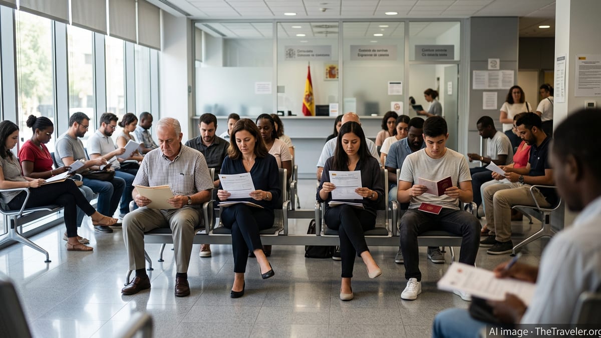 Applicants reviewing documents in a Spanish consulate visa waiting area