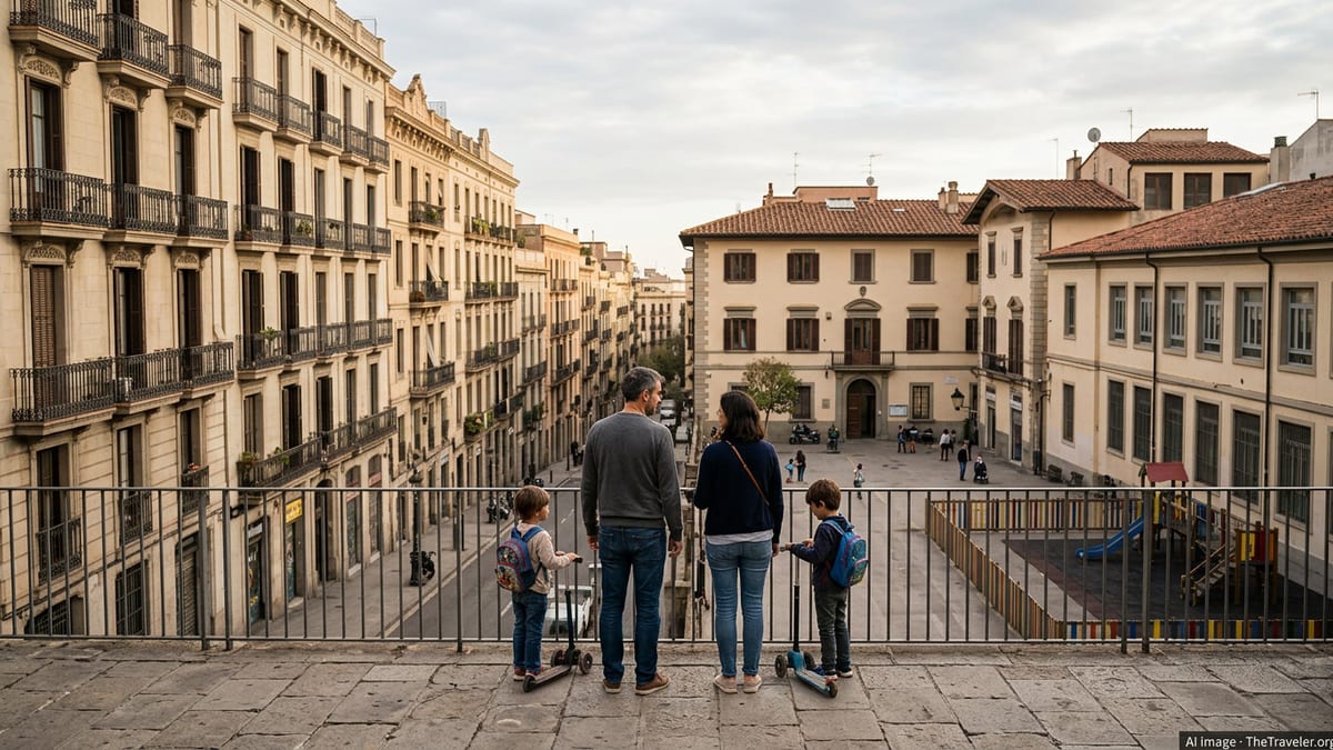 Family with children overlooking contrasting Spanish and Italian urban neighborhoods near a school and playground.
