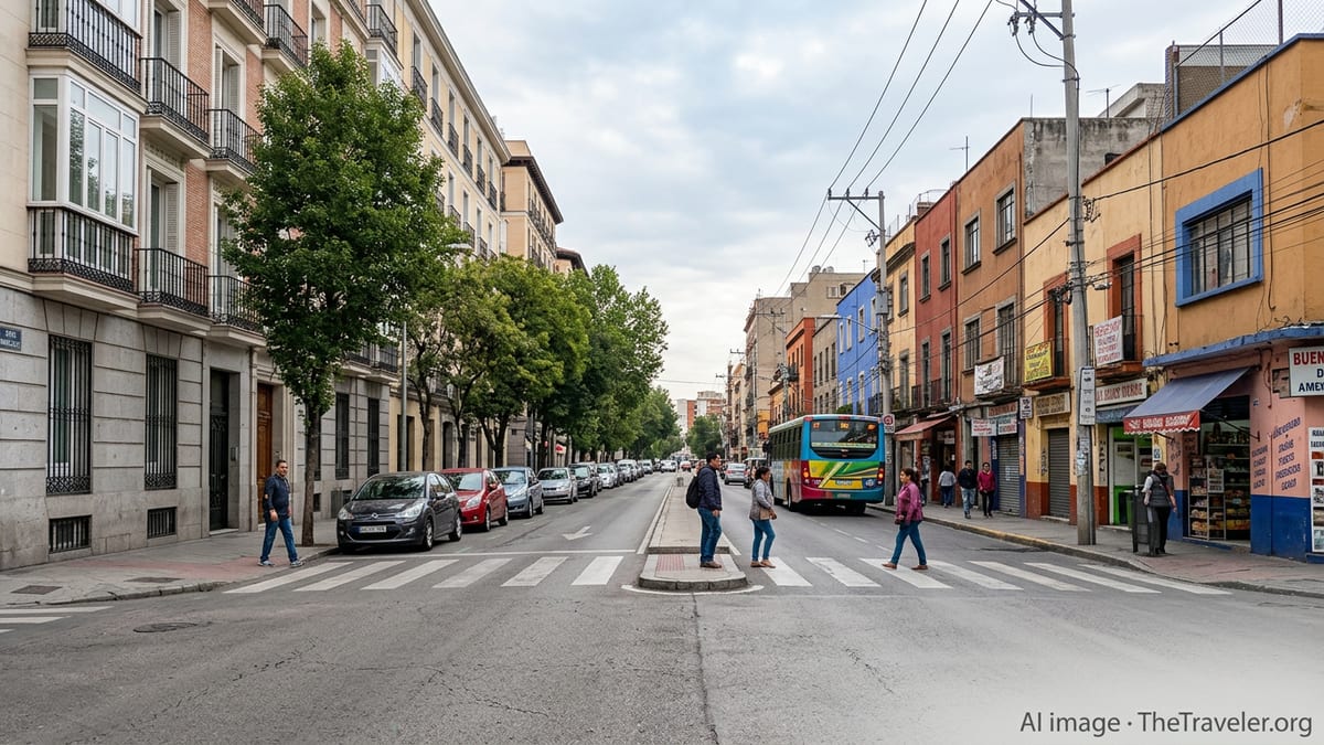 Urban streetscapes evoking Madrid and Mexico City, showing contrasting apartment buildings and everyday street life.