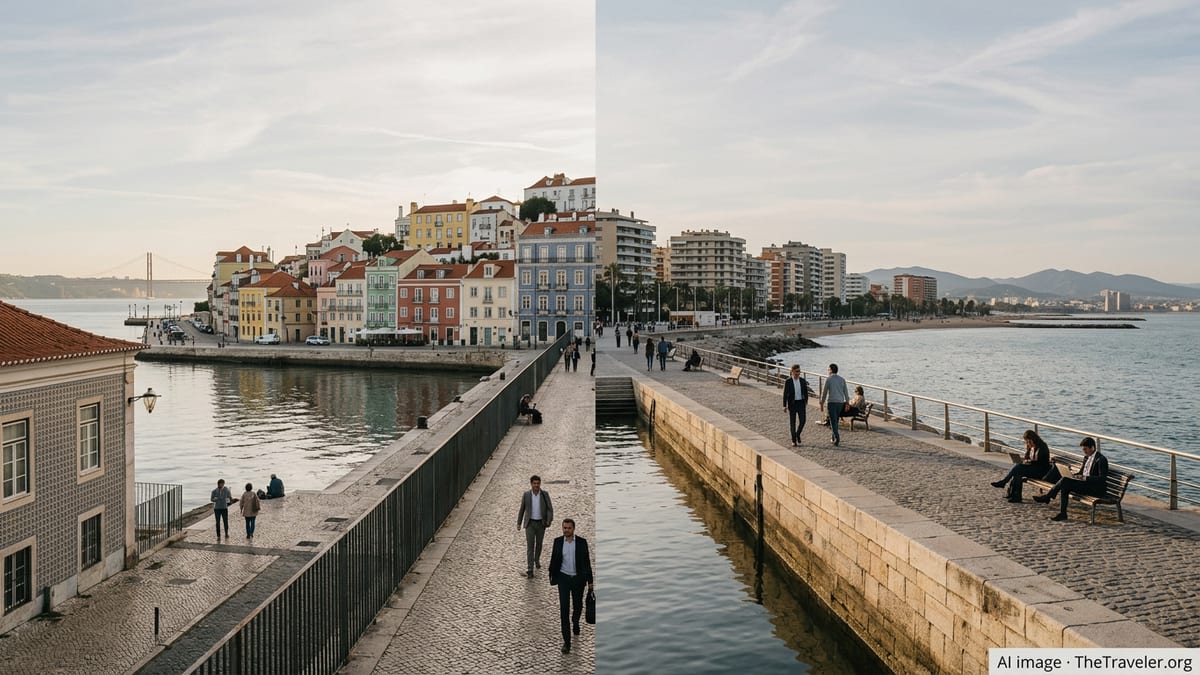 Comparative view of Spanish and Portuguese urban waterfronts at golden hour.