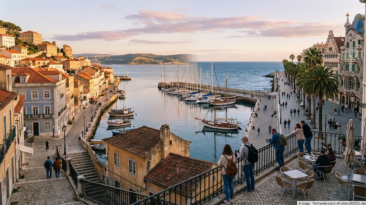Harbor view contrasting Portuguese hillside rooftops and a Spanish-style waterfront at sunset.
