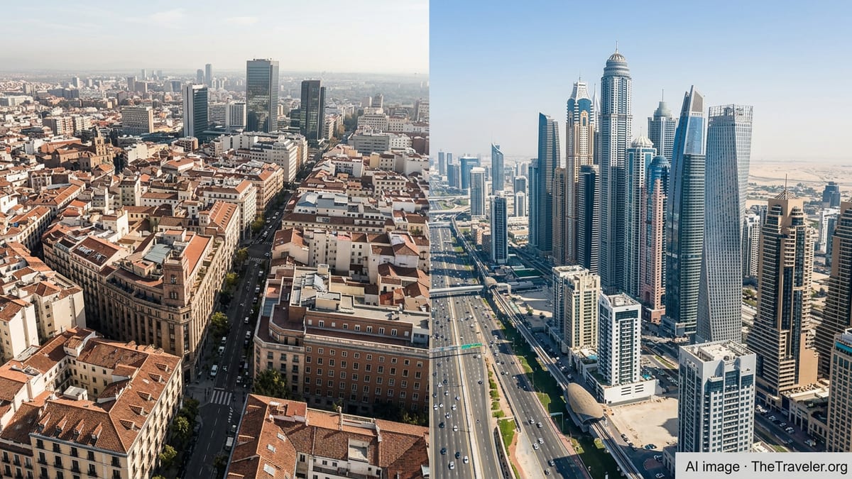 Elevated cityscape showing Madrid and Dubai skylines side by side under clear daylight skies.