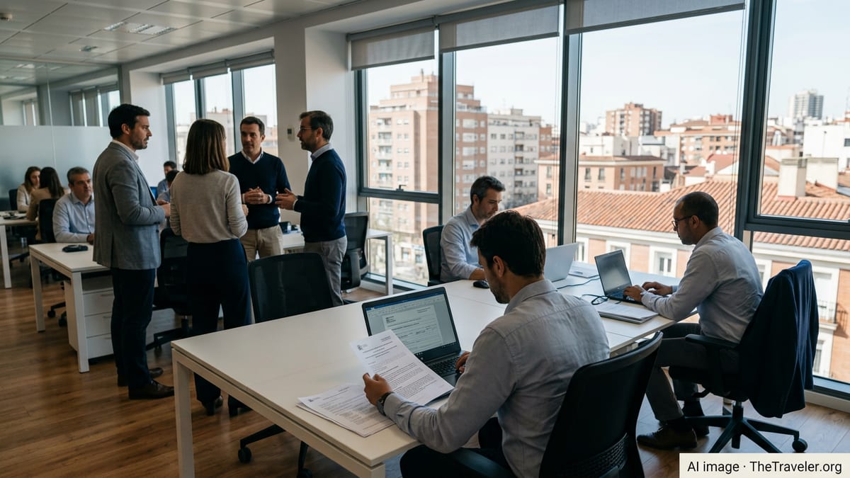 International professionals in a Madrid office reviewing work authorization documents.