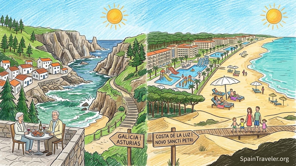 Aerial view of an Andalusian beach resort on Spain’s Atlantic coast with pools, dunes and wide golden sand.