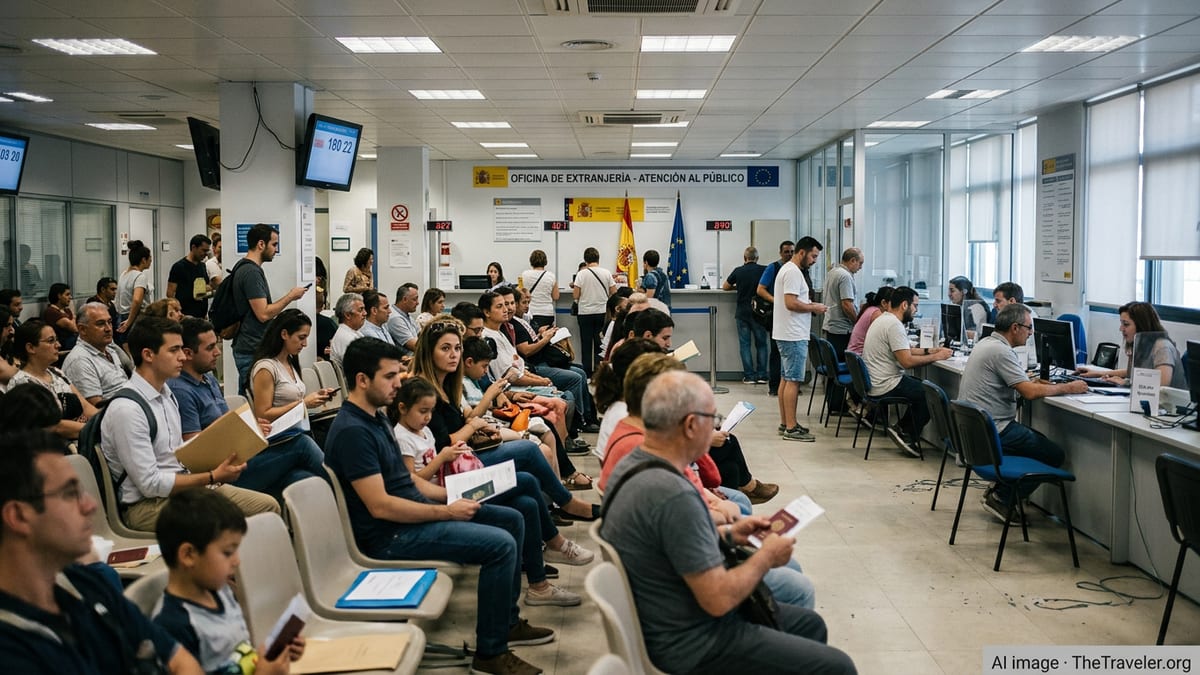 People waiting with paperwork in a busy Spanish immigration office ticketed queue.