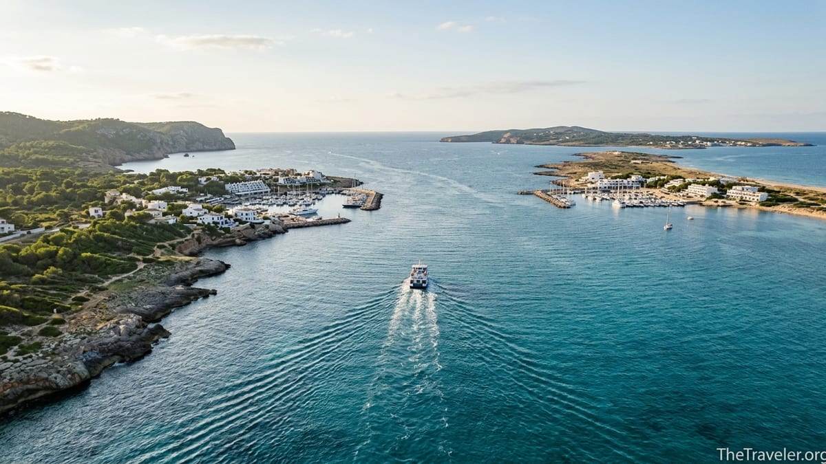 A ferry sails between two Spanish islands with cliffs, marinas and turquoise water at golden hour.