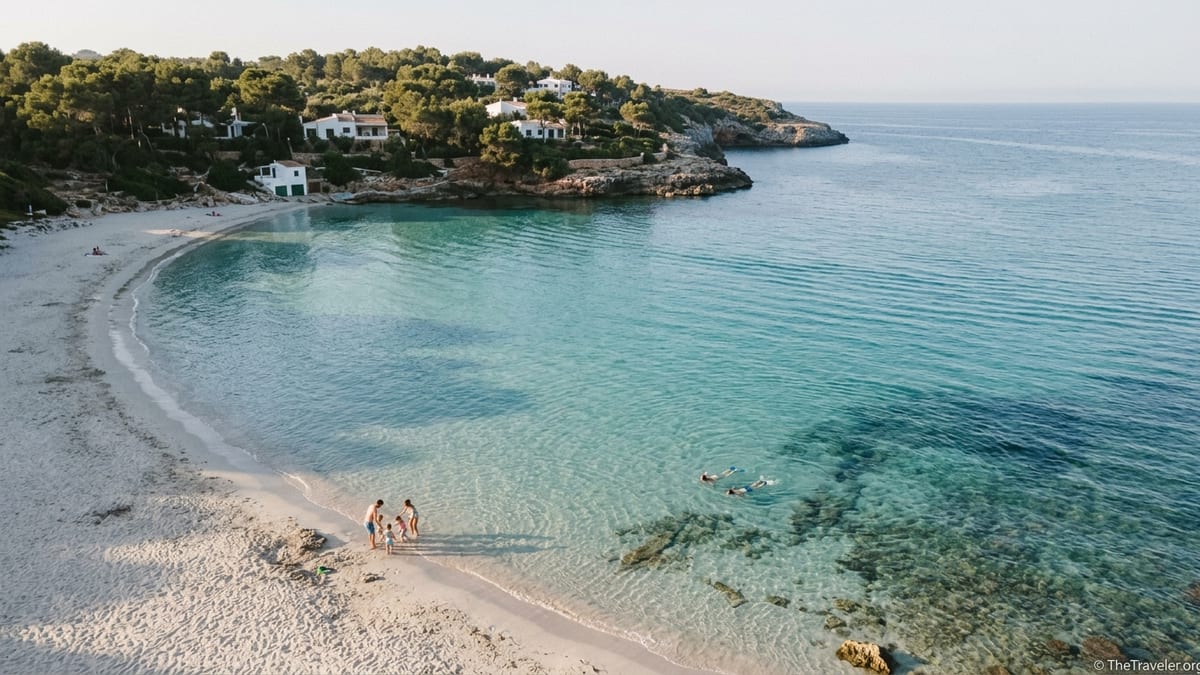 A turquoise cove on a Spanish island with white sand, pine clad cliffs and families playing in shallow water.