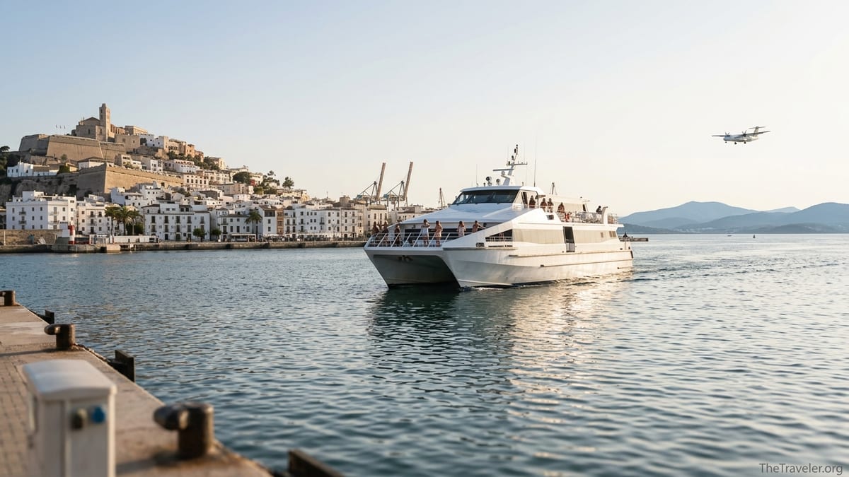 High-speed ferry leaving Ibiza harbor at sunset with old town in background.
