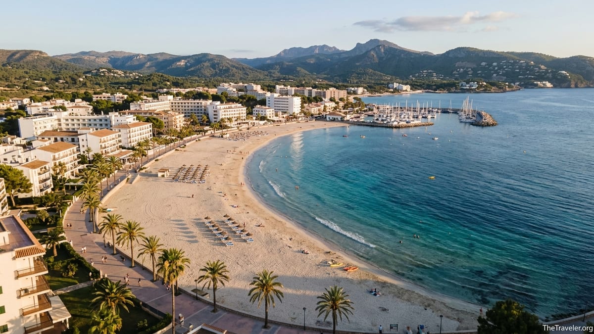 Aerial view of a Spanish island beach with resorts, marina and green hills at golden hour.