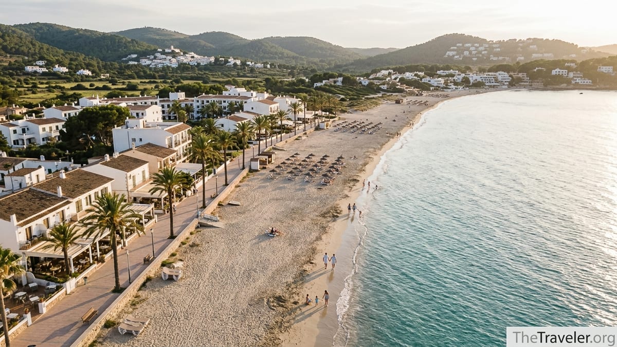 Aerial view of a Spanish island beach resort with palm-lined promenade and turquoise sea at sunset.