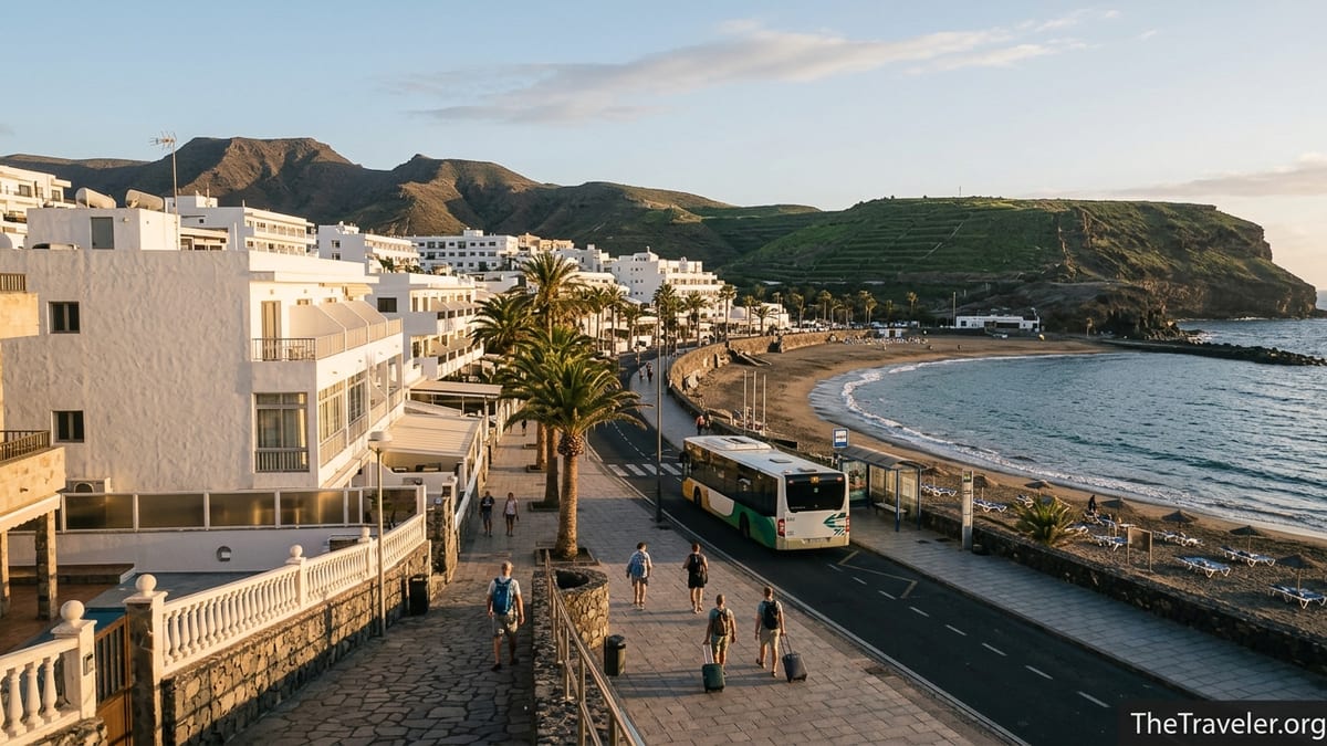Seaside promenade on a Spanish island with bus stop, beach and walkers at sunset