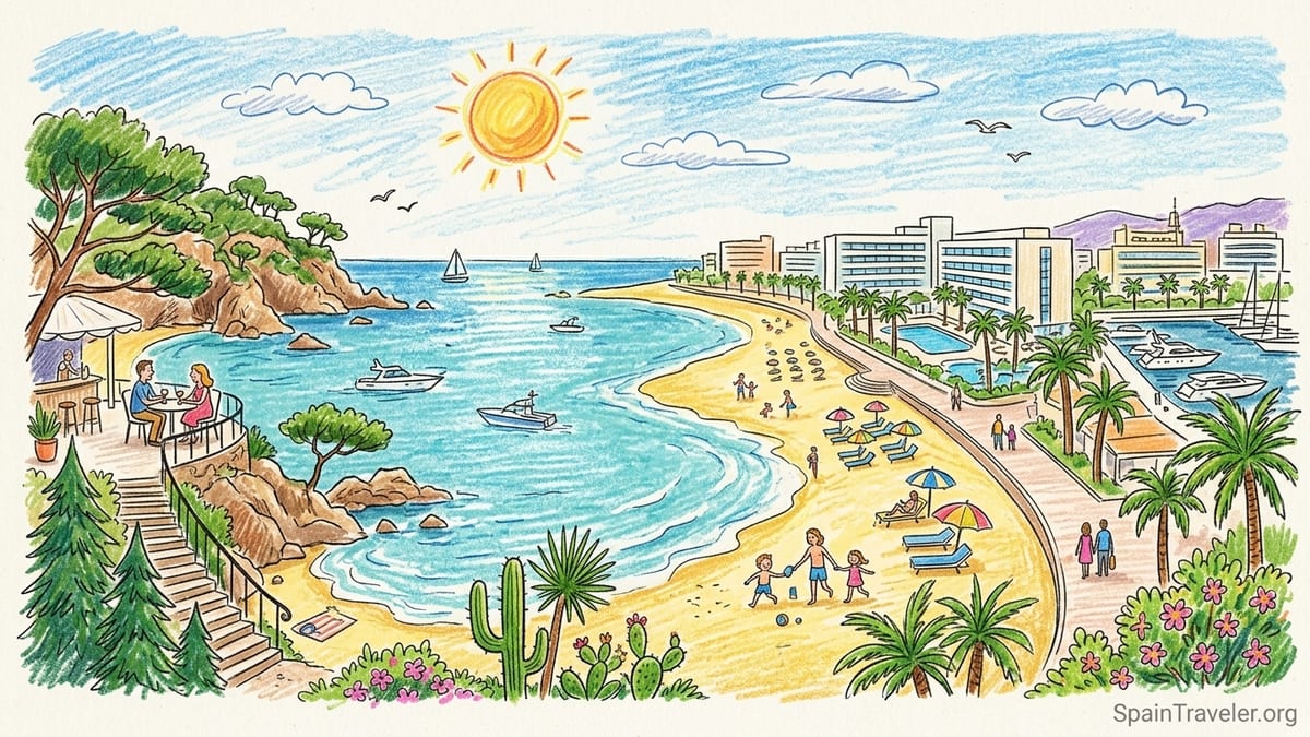 Aerial view of Spanish Mediterranean beach resorts along a golden sandy coastline.