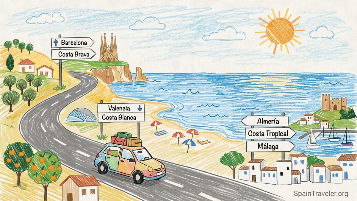 A winding coastal road above Spain’s Mediterranean Sea between hills and turquoise water.