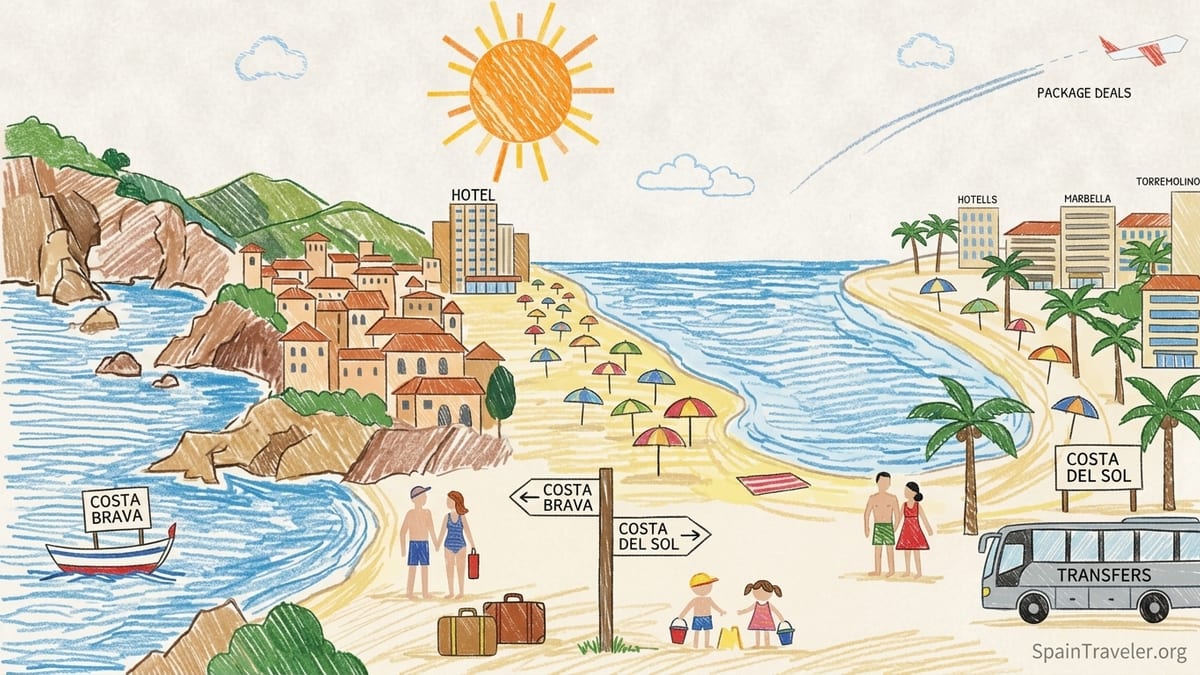 Sunrise over a Spanish Mediterranean beach lined with hotels and palm trees on the Costa Brava.