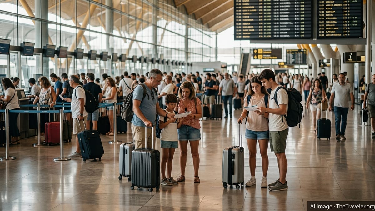 Spanish travelers with suitcases walking through a bright departure hall at Madrid airport.