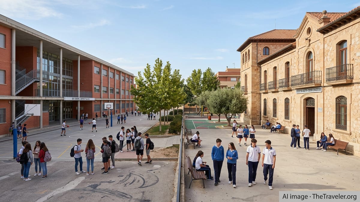 Spanish public and private school buildings sharing a courtyard with students in uniforms and casual clothes.