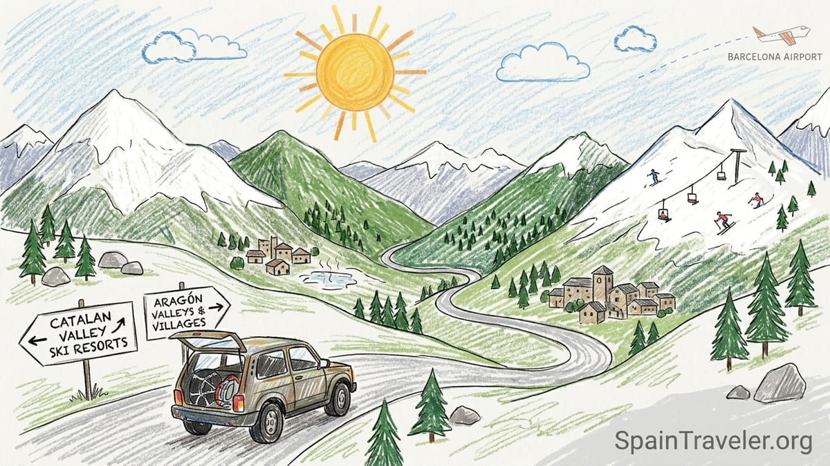 SUV driving a winter mountain road in the Spanish Pyrenees near a snow-covered village.