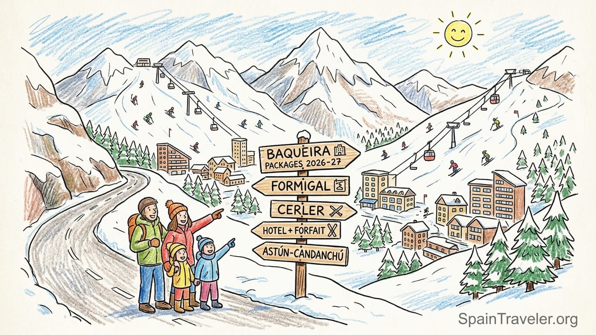 Skiers on groomed slopes above a Spanish Pyrenees village with hotels and chairlifts on a clear winter day.