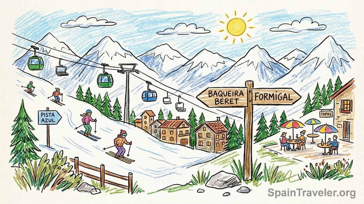 Panoramic view of Spanish Pyrenees ski slopes above a village on a clear winter morning.