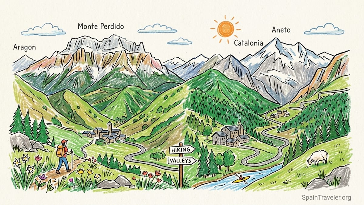 Summer view over a green Spanish Pyrenees valley with stone village and high rocky peaks.