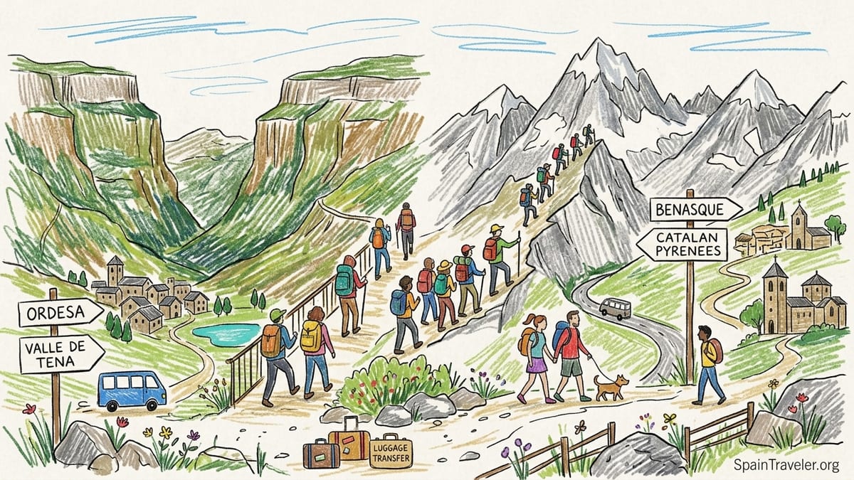 Hikers on a mountain trail above a Pyrenean valley with peaks and a village below.