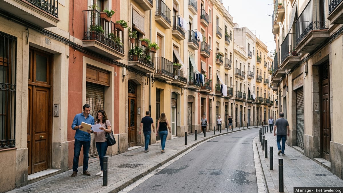 Spanish apartment buildings on a city street with people near an entrance reviewing rental papers.