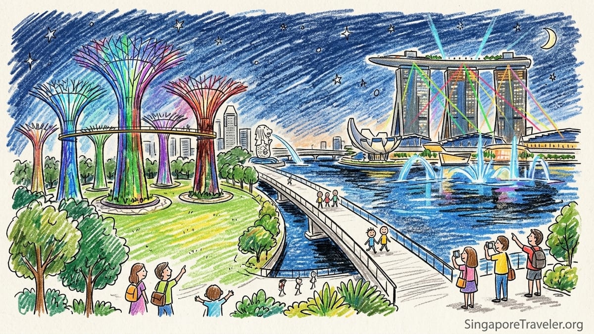 Evening view of Singapore’s Supertree Grove and Marina Bay Sands with the Spectra light and water show.