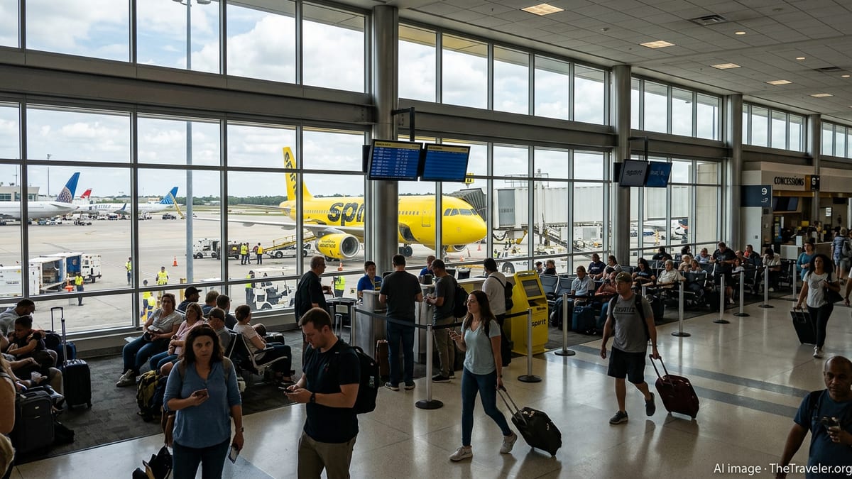 Travelers at a Spirit Airlines gate in a busy airport terminal with a yellow jet outside.