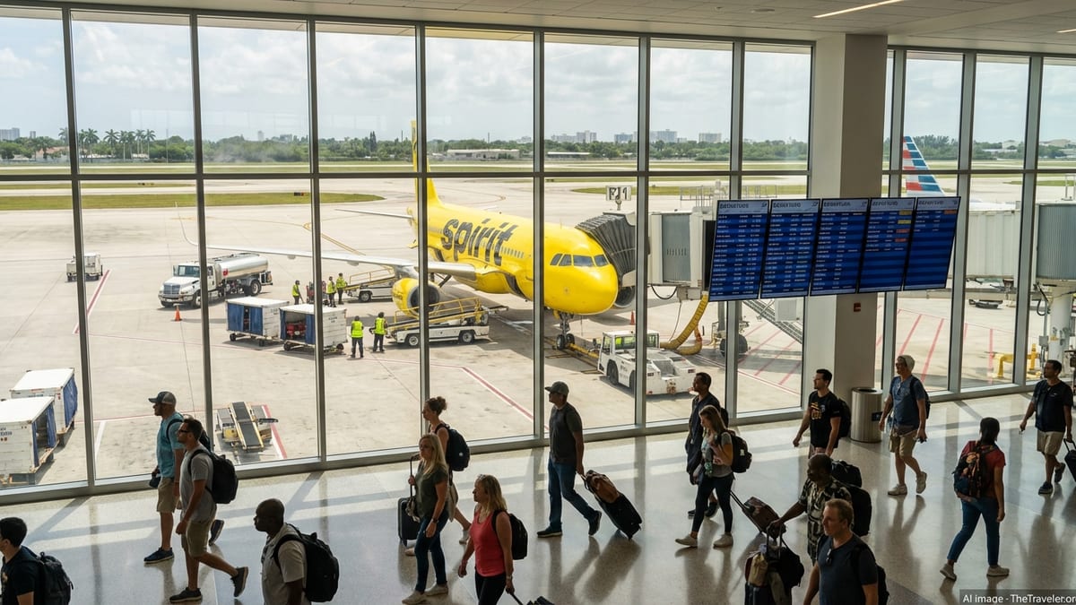 Spirit Airlines jet at a Florida airport gate with travelers inside the terminal.