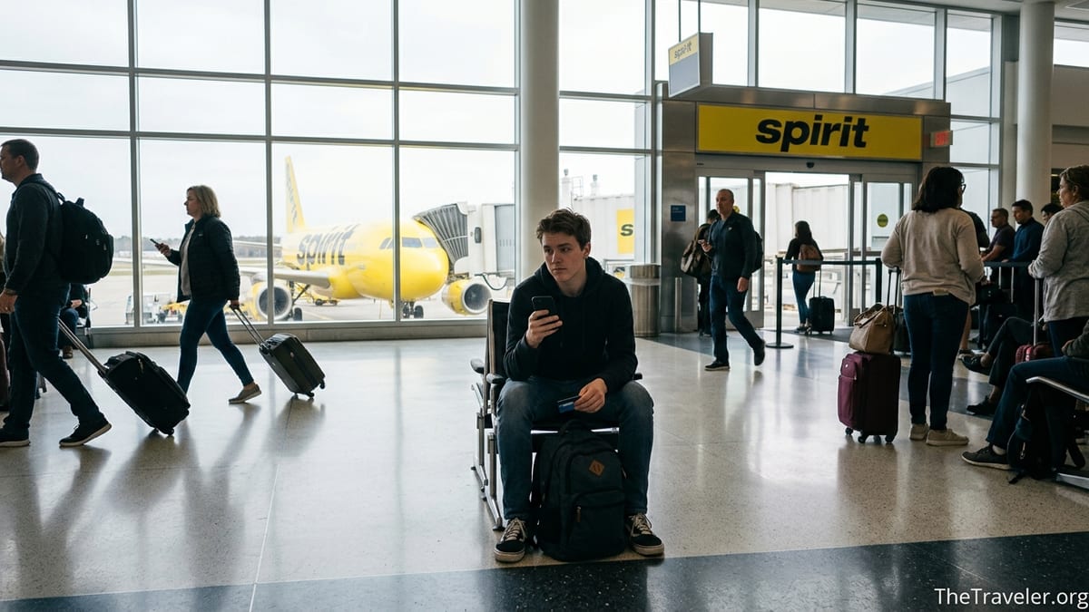 Traveler at a Spirit Airlines airport gate weighing credit card and baggage options.