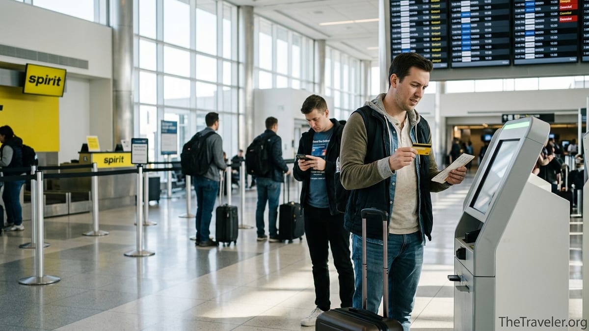 Traveler holding a yellow credit card at an airport kiosk near a budget airline check-in area.