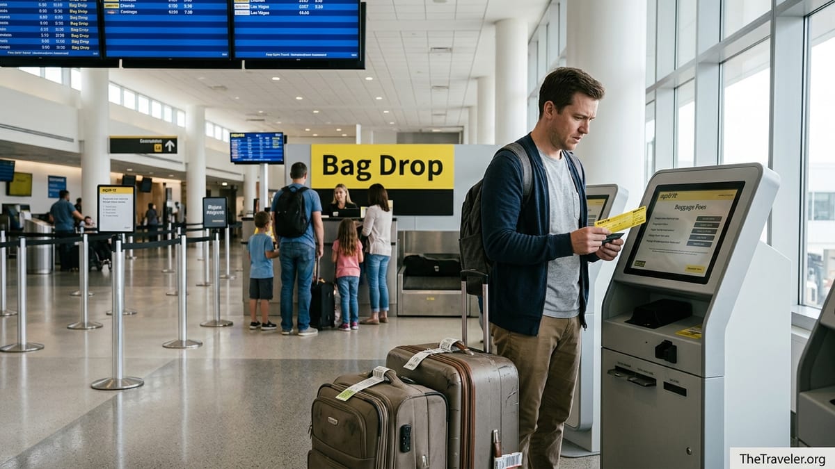 Traveler at airport kiosk holding a Spirit credit card while reviewing baggage fees.