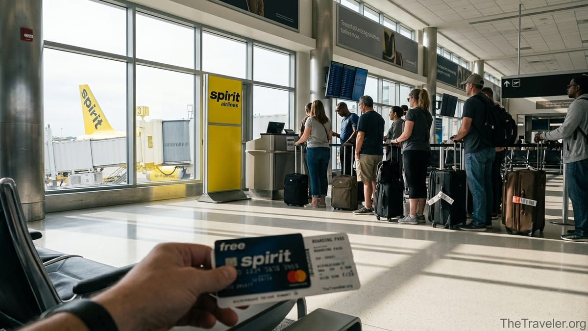 Travelers boarding a Spirit Airlines flight while a passenger holds a Free Spirit Mastercard at the gate.
