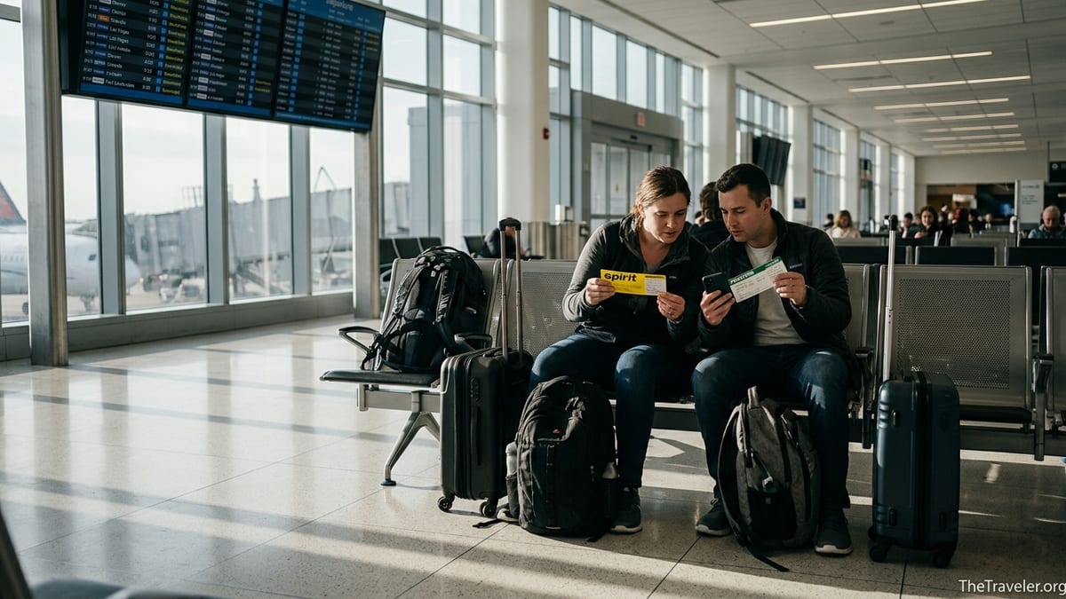 Travelers at an airport gate comparing Spirit and Frontier boarding passes and credit cards.