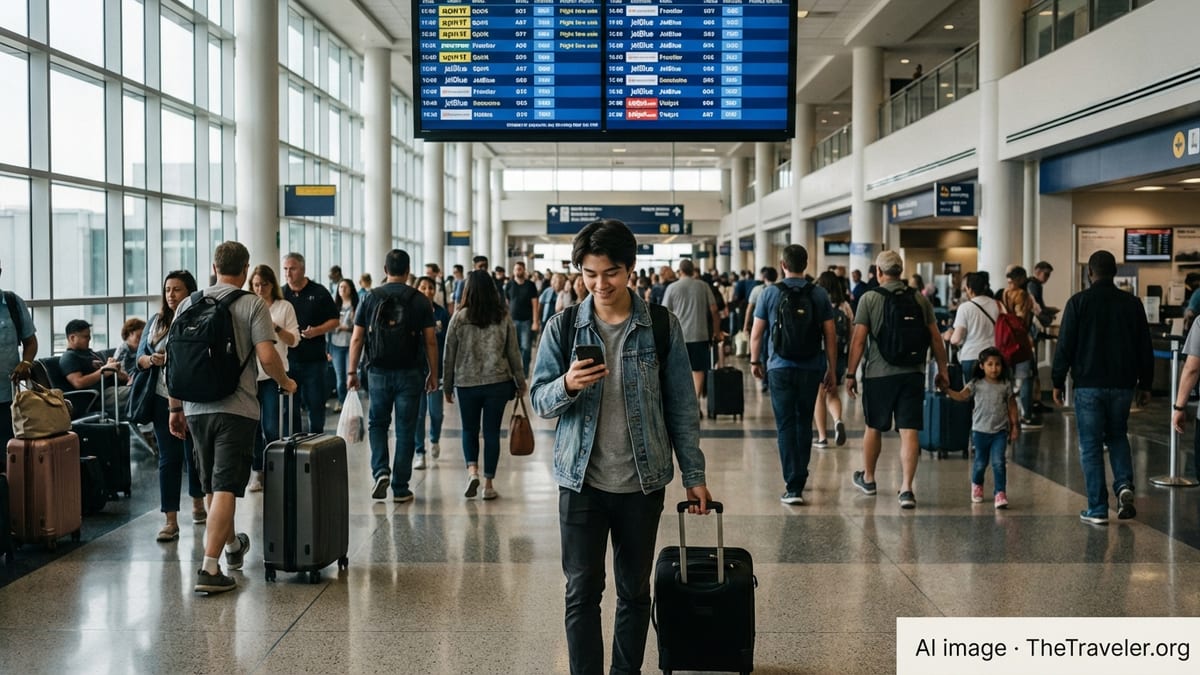 Travelers move through an airport departures hall as promo sale alerts show on a phone.