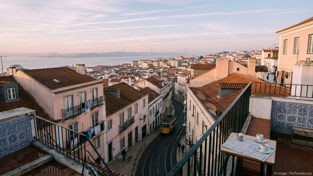 Rooftop sunrise view over Lisbon’s tiled roofs, tram, and Tagus River with coffee cups on a terrace table.
