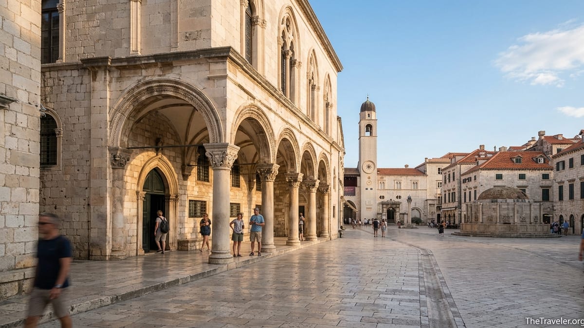 Golden hour view of Sponza Palace and Luža Square in Dubrovnik with visitors entering the arcade.