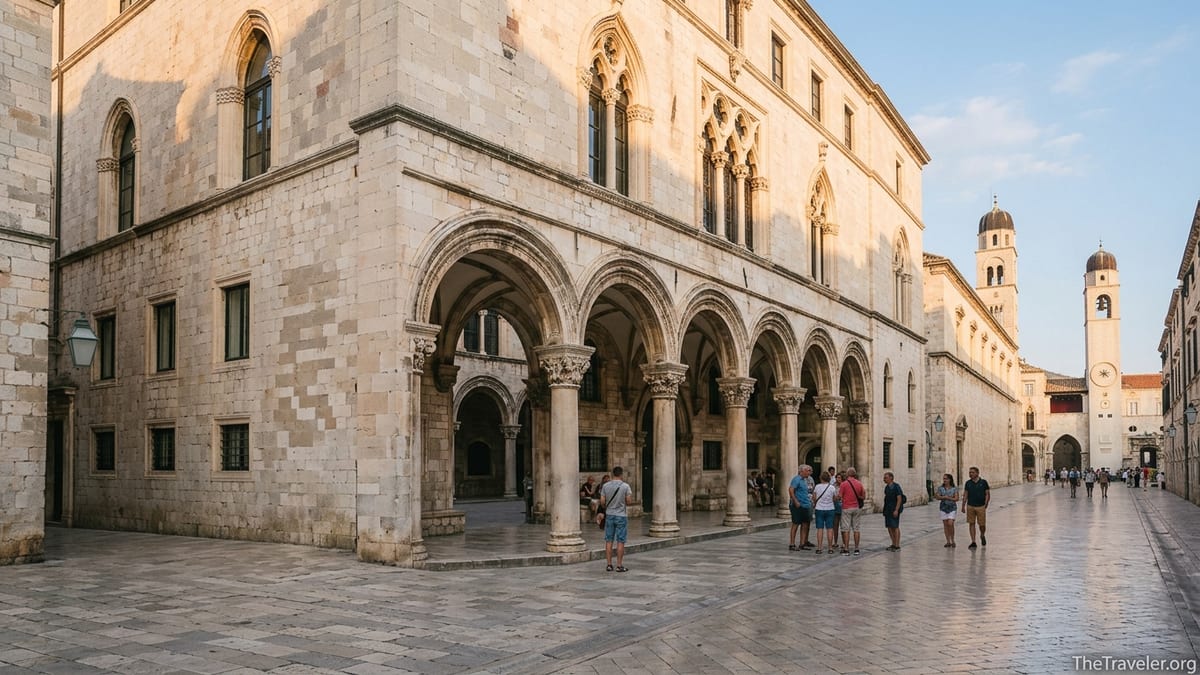 Sponza Palace and its arcaded facade at the end of Stradun in Dubrovnik on a calm late afternoon.
