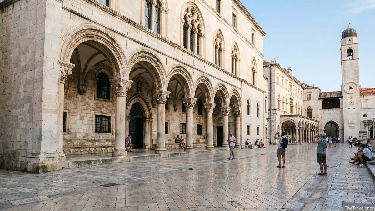 Sponza Palace and Luža Square in Dubrovnik with visitors walking across the sunlit stone plaza.