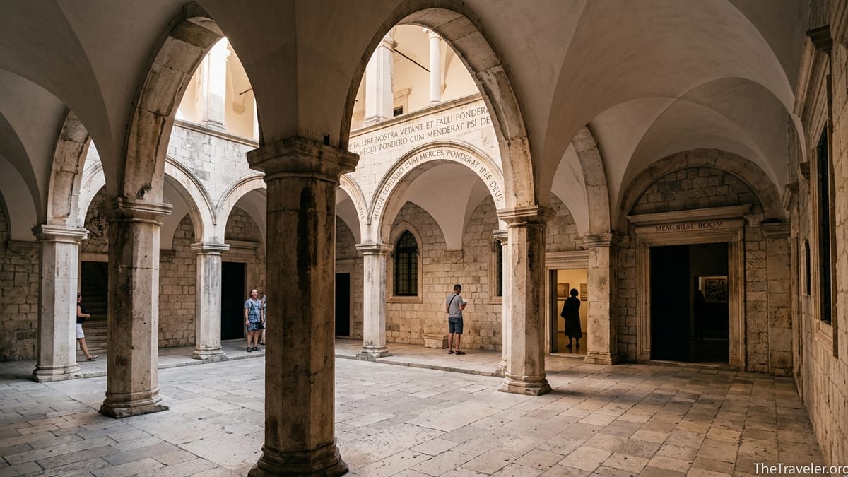 Visitors reading the Latin inscription under the stone arches in Sponza Palace’s courtyard in Dubrovnik.