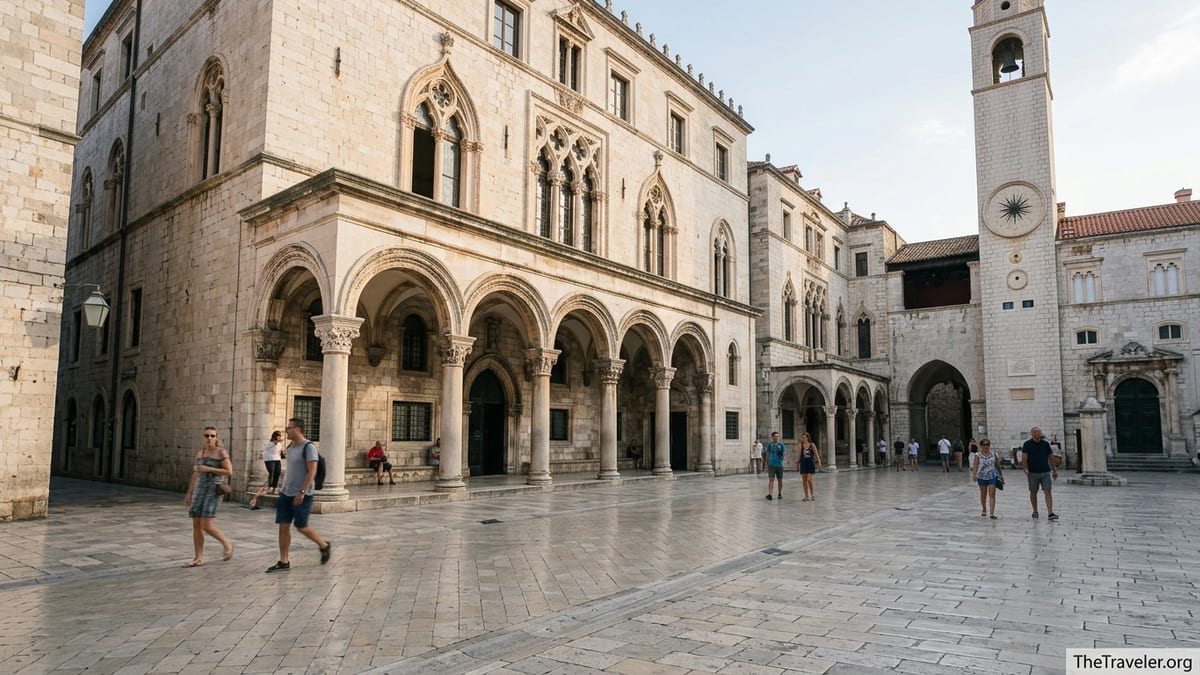 Sponza Palace and Luža Square in Dubrovnik’s Old Town with people walking at sunset.