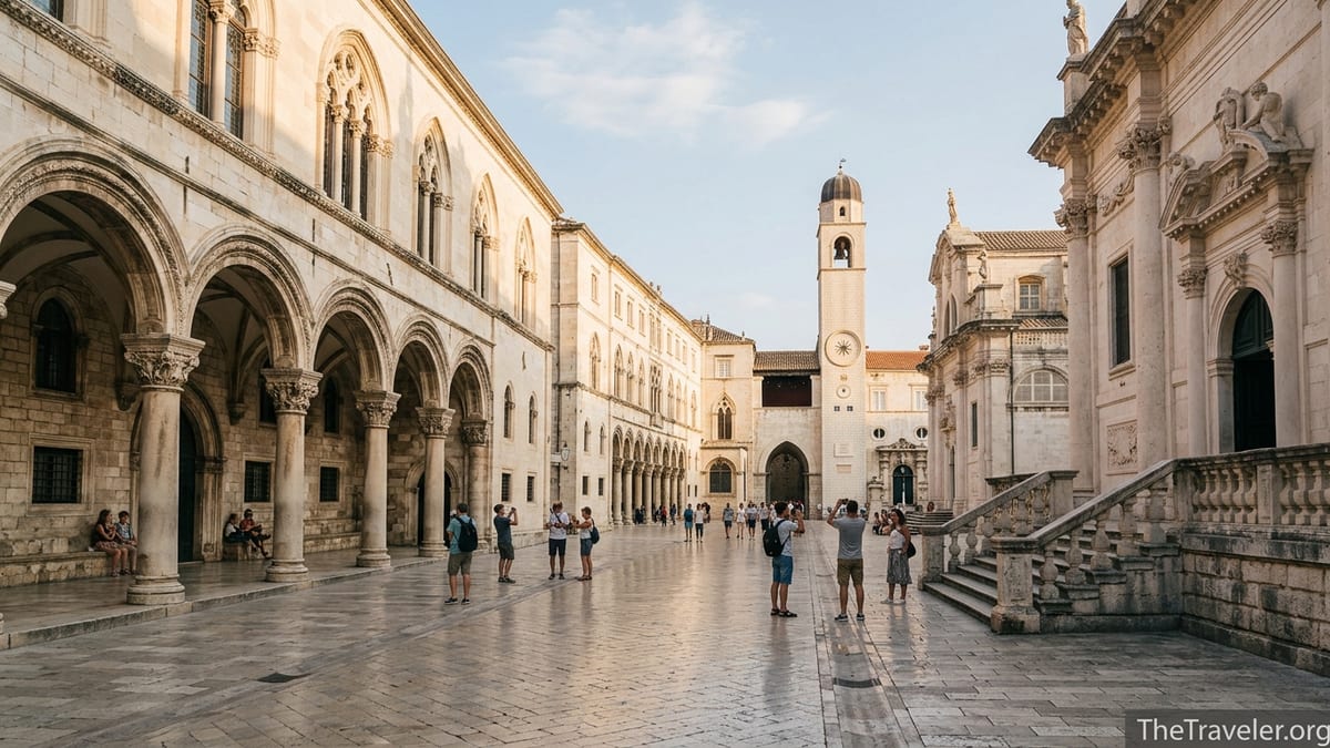 Golden hour view of Dubrovnik’s Sponza Palace and nearby streets leading toward Rector’s Palace.