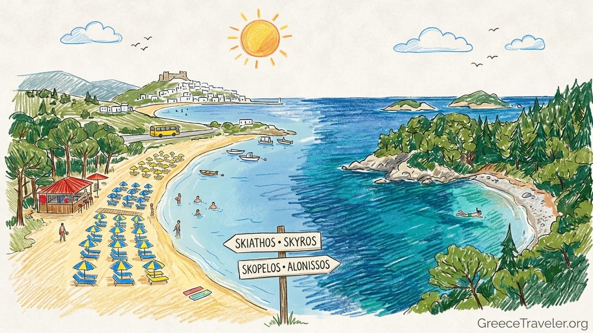 Aerial view of Koukounaries Beach on Skiathos with golden sand, pine forest and turquoise water.